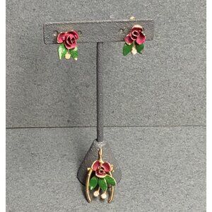 Rose Wishbone Pin Brooch 1.5 In Screw Back Earrings Pink Green Enamel Flower